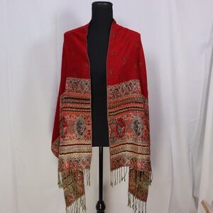Pashmina Silk Blend Scarf Women OS Red Green Paisley Reversible Embroidered Wrap